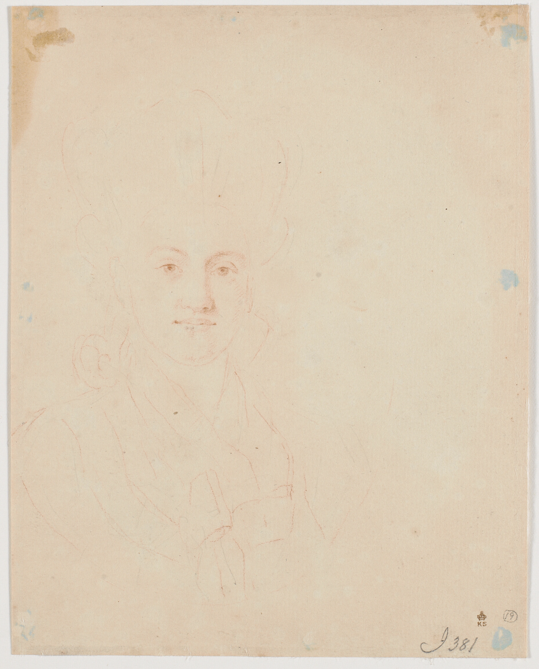 Portrætudkast af samme som på recto (Susanne Elisabeth Holm, kaldet Julie), en face